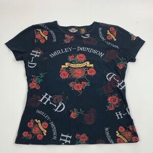 Harley-Davidson Biker Black Red Rose cap sleeve Women's Tee Tshirt Size Medium
